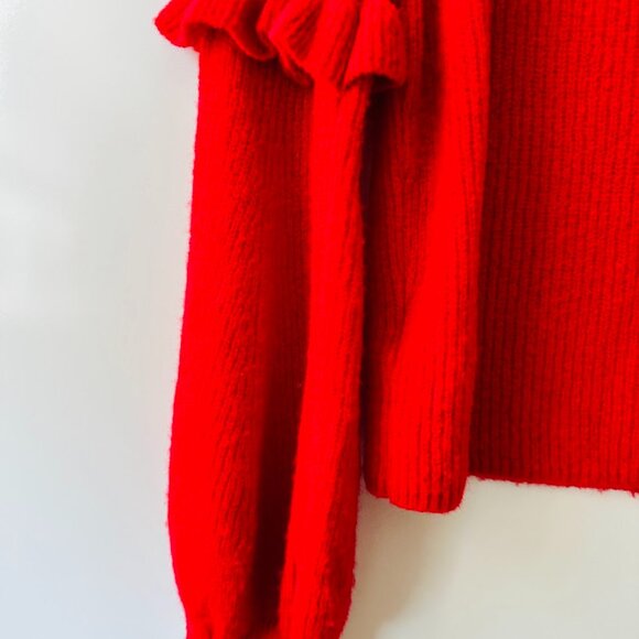 Express Women Red Knit Ruffled Eyelet Detail Ballon Sleeve Pullover Sweater Sz S - Picture 8 of 11